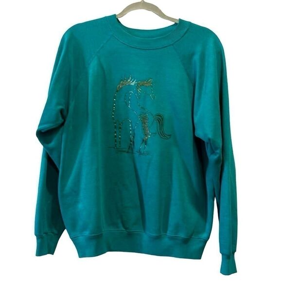Hanes Tops - Vintage 1980S METALLIC HORSE Couple SWEATSHIRT Turquoise Hanes Large